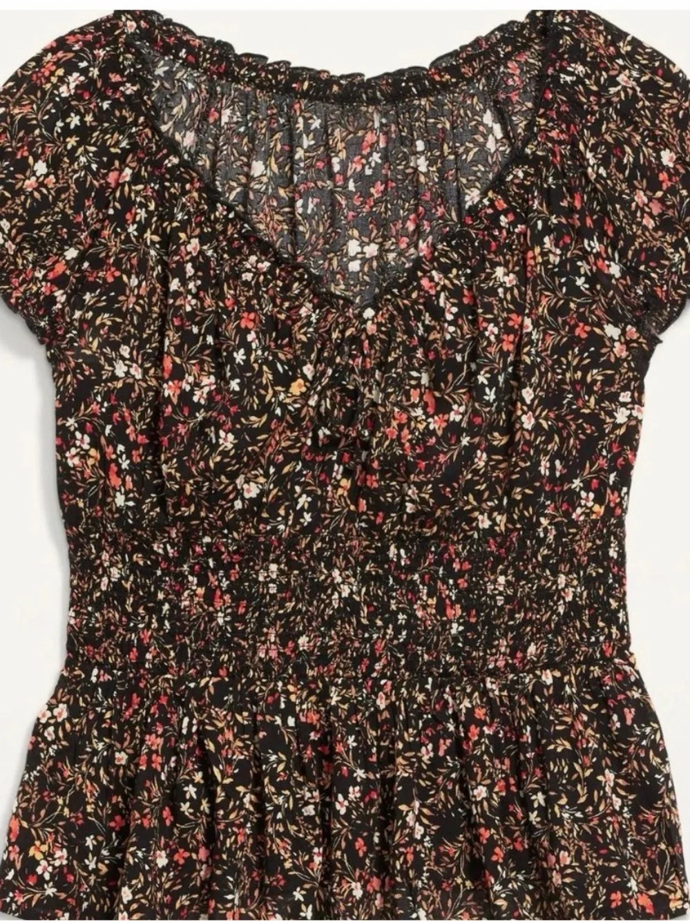 Old Navy Black Floral Puff Sleeve Smocked Peplum Blouse XL Cottagecore Top